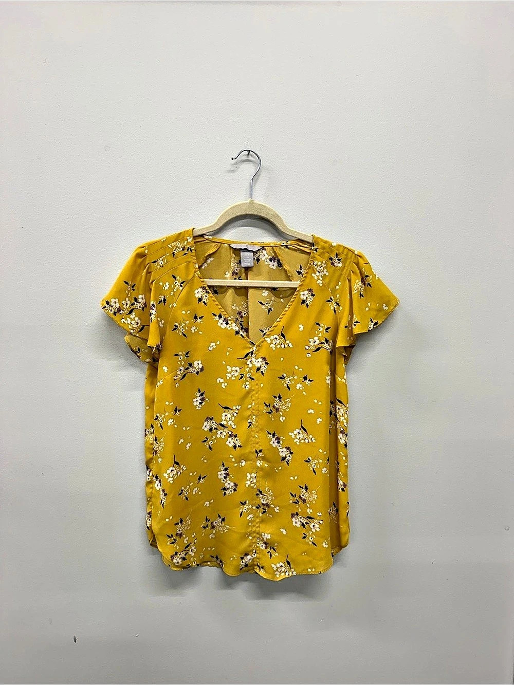 H&M Yellow Floral Flutter-Sleeve Blouse Size Medium